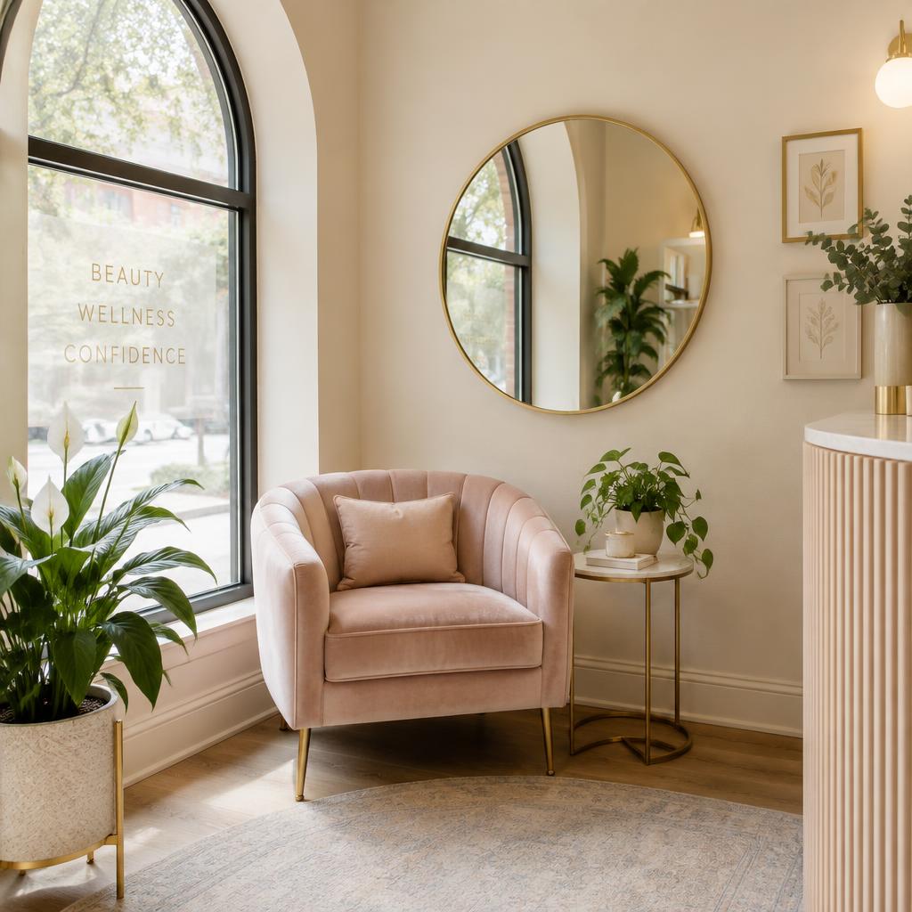 Rincón de espera acogedor con sillón rosa